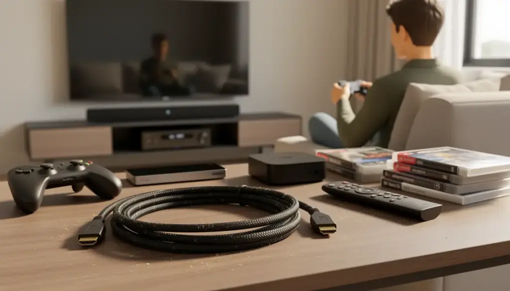 cordon hdmi 4k 3m xbox series x noir tresse sur table