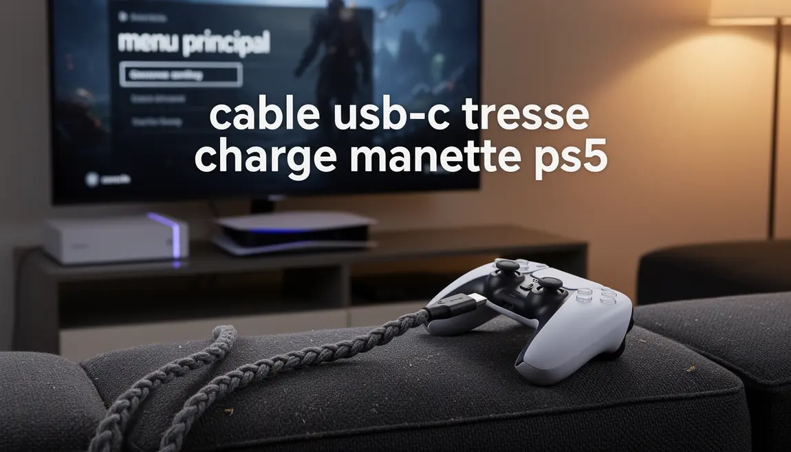 cable usb c tresse long sur manette ps5 canape