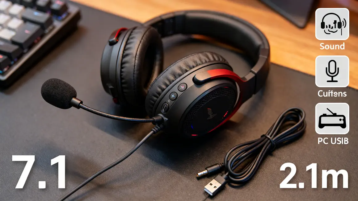 Casque Marvo HG9065 gros plan, micro, cable USB, icones specs 7.1 et 2.1m