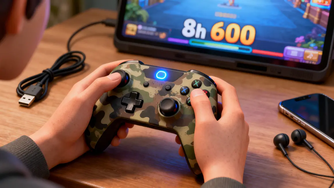 mains tenant manette ps4 bluetooth camouflage led allumee