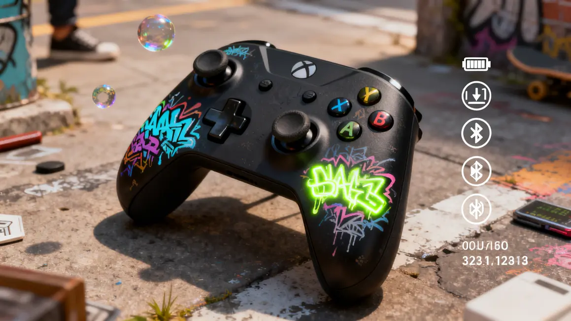 manette switch bluetooth street art noire allumee avec pictogrammes universels