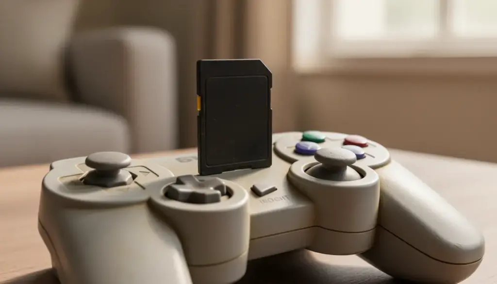 Carte mémoire 16mb GameCube Wii noire posée sur manette grise rétro