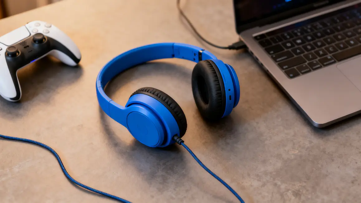 Casque filaire PS4 UC-40P bleu posé avec manette de jeu