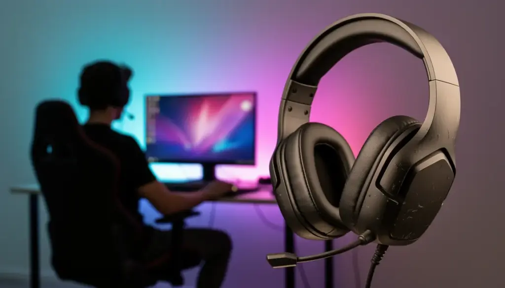 Casque gaming filaire Marvo HG9065 noir mat avec RGB, joueur devant PC