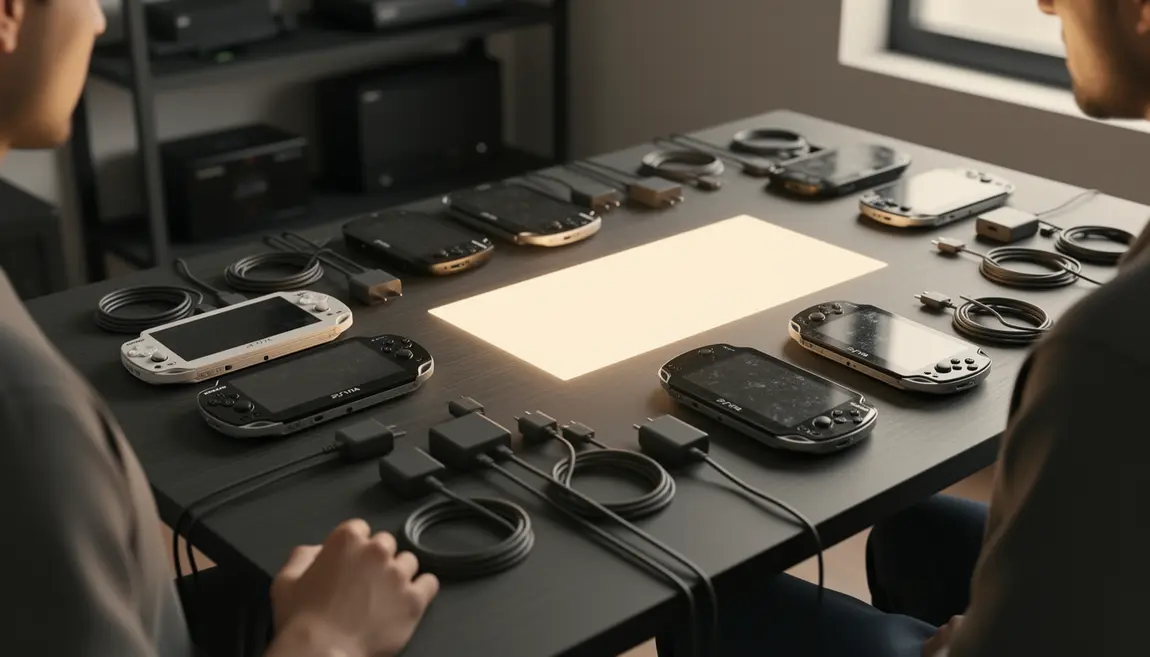 chargeur ps vita psp compatible et cables sur table gaming