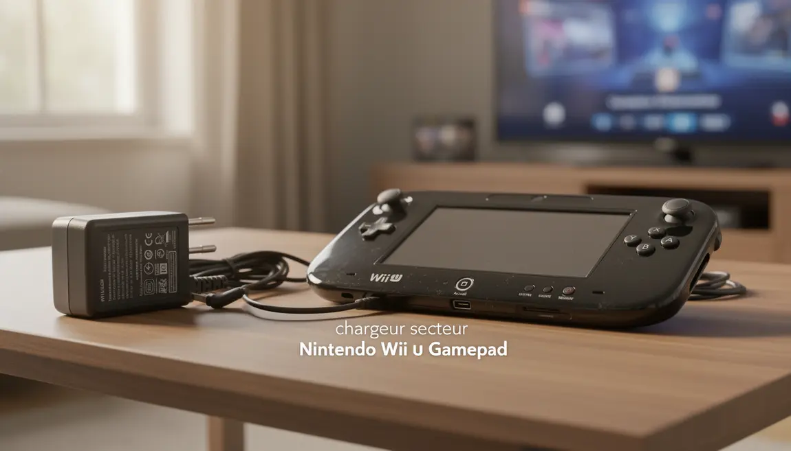 Gamepad Wii U avec chargeur secteur noir, câble branché, ambiance gaming
