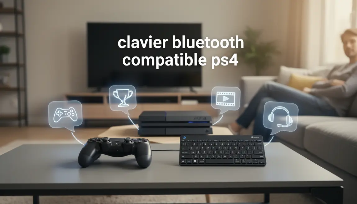 Clavier bluetooth compatible PS4 et manette sur table basse