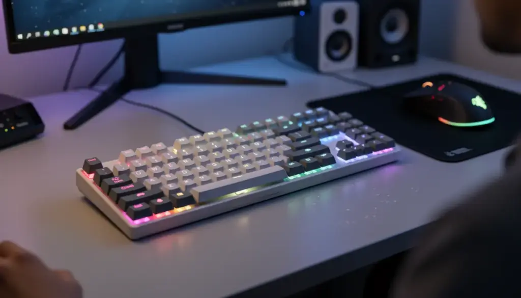 Clavier membrane gaming bicolore Marvo RGB sur bureau moderne