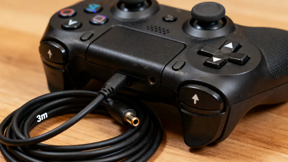 Zoom sur manette filaire noire PS4 cable 3m prise casque