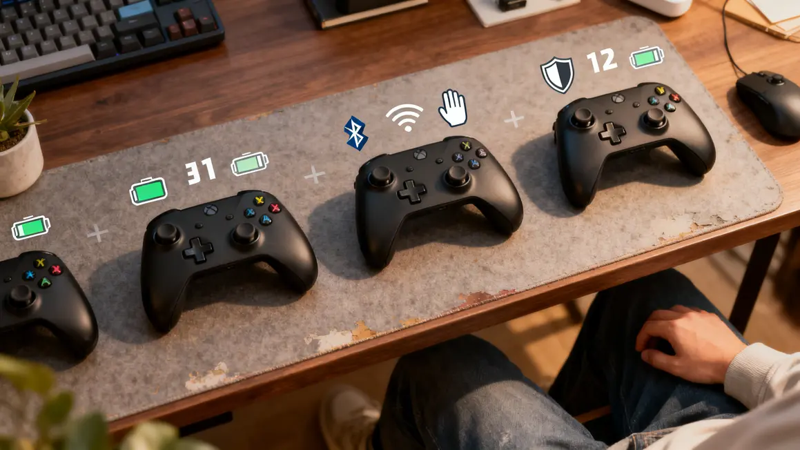 Plusieurs manettes Switch sans fil noires vues de dessus avec icônes