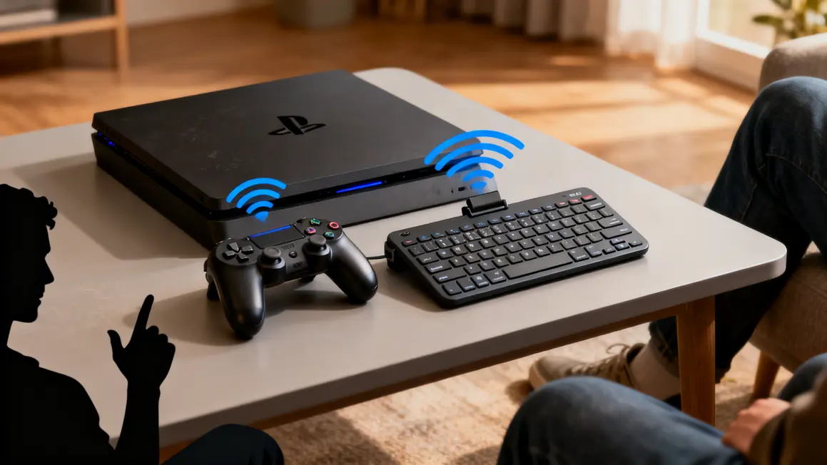 Mini clavier bluetooth relié PS4 sur table