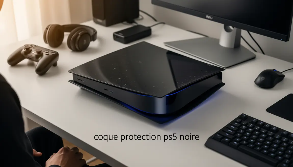 PS5 avec coque noire protection sur bureau setup moderne