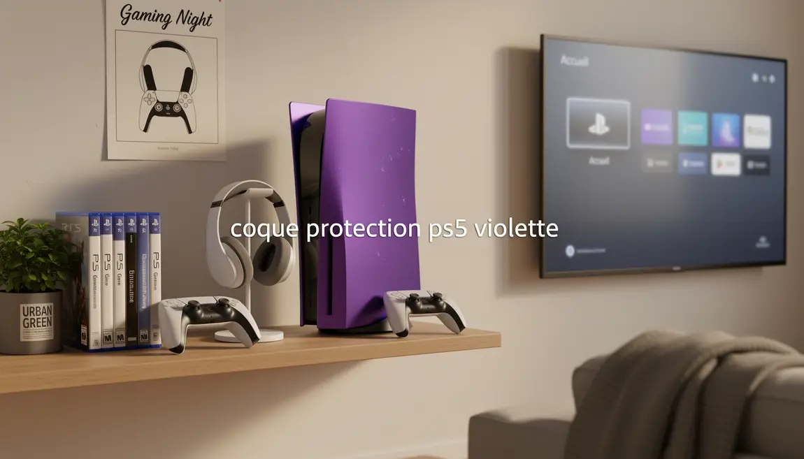 PS5 standard avec coque violette brillante sur étagère, texte coque protection ps5 violette
