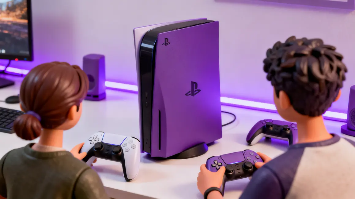 Console PS5 standard avec coque violette mate, lumières accessoires assortis