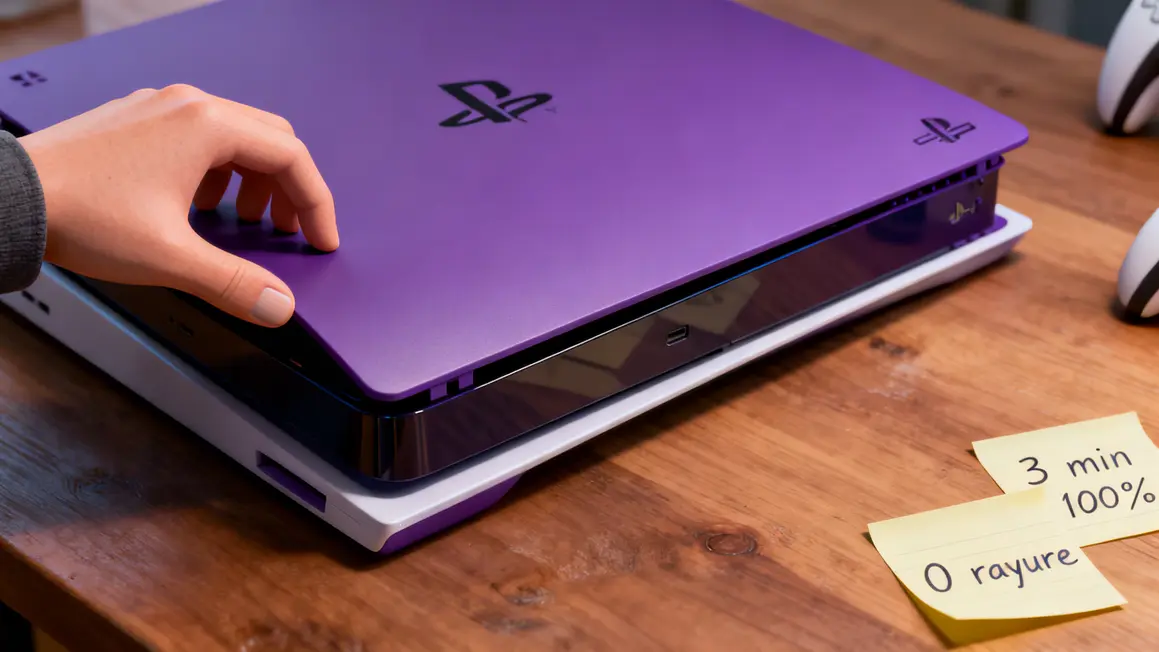 Gros plan console PS5 coque violette, main installant la coque, post-its 3 min 100% 0 rayure