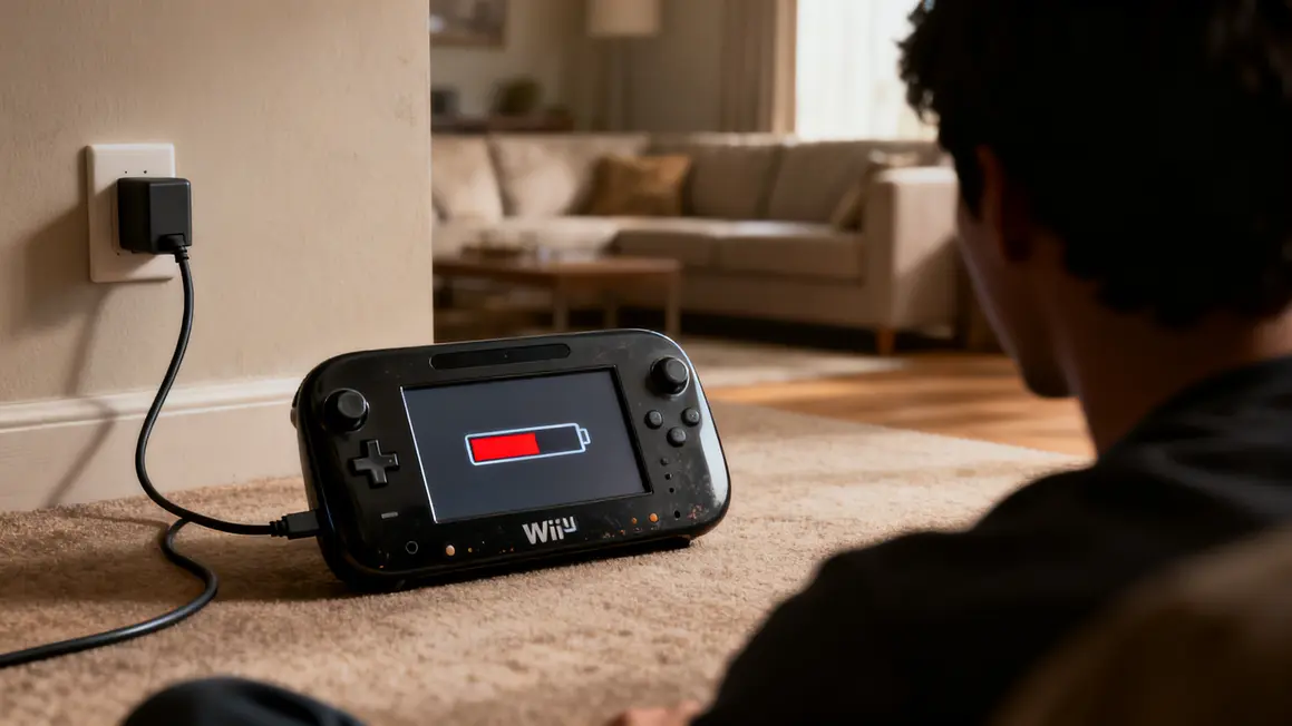 Manette Wii U branchée au chargeur secteur, batterie faible, joueur de dos