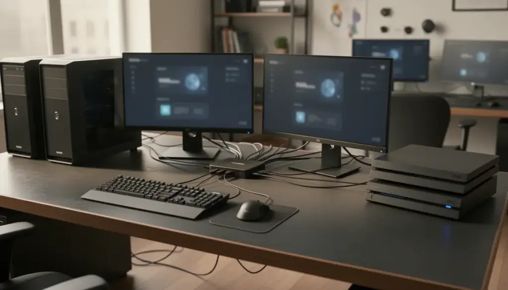 Bureau avec plusieurs ordinateurs et un hub usb switch clavier souris pc