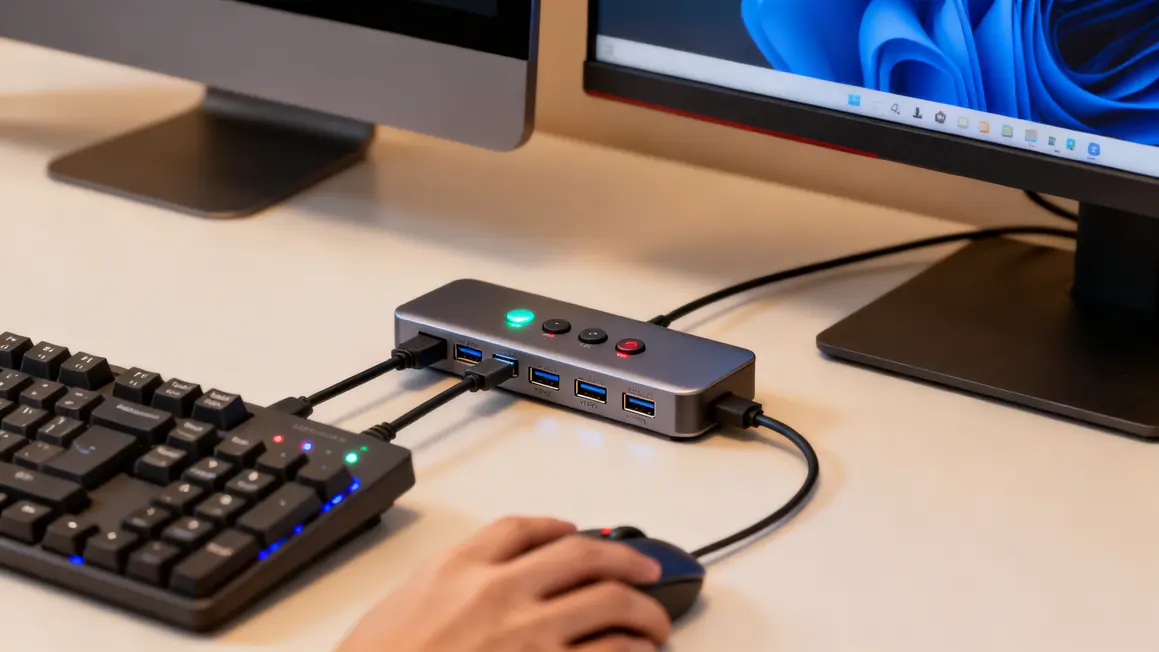 Boitier hub usb switch clavier souris pc relie a deux ordinateurs