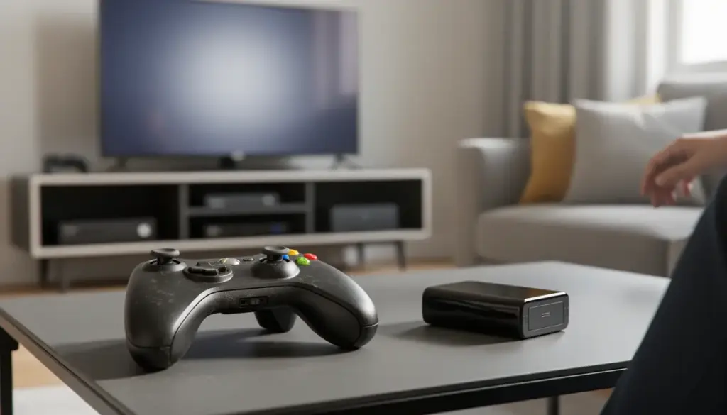 pack batterie 2100mah xbox 360 noir sur manette en salon moderne