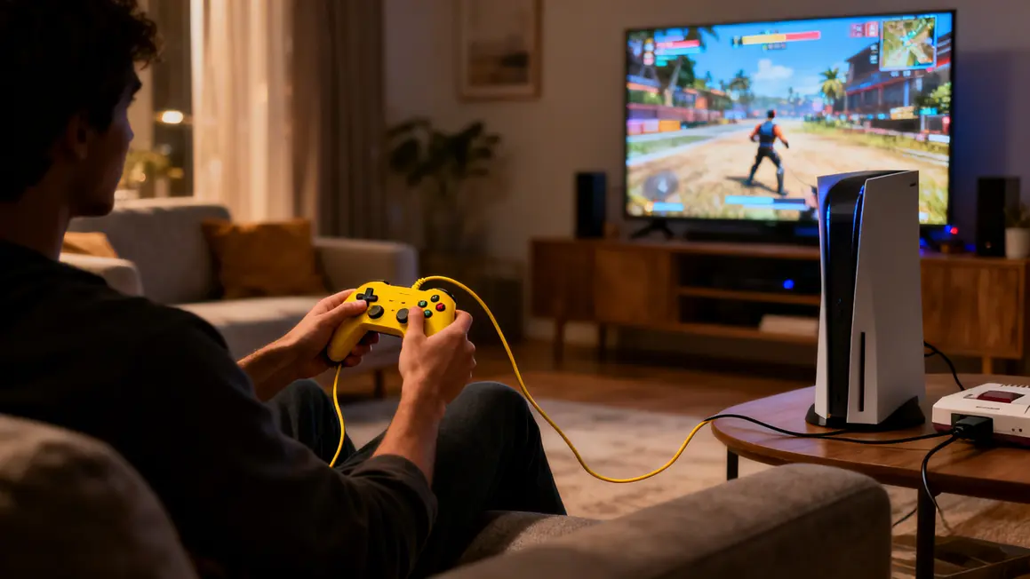Personne joue avec manette filaire jaune pop Xbox Series X S