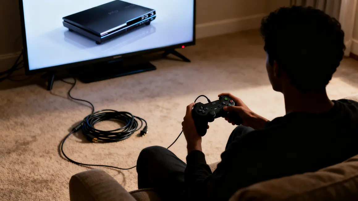 Joueur tenant manette PS3 Bluetooth noire devant TV