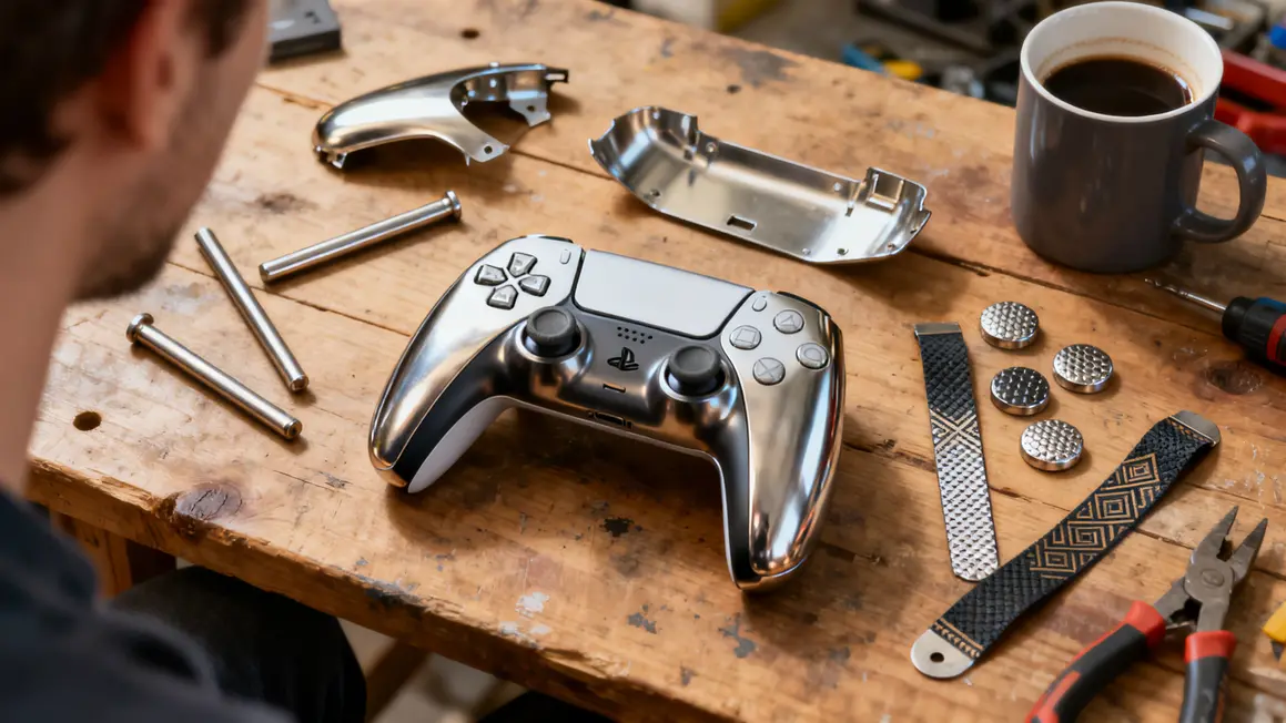 Kit pièces métal custom PS5 DualSense sur plan de travail