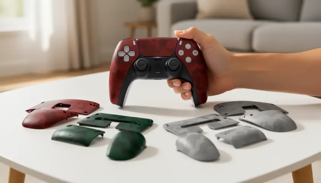 Main tenant une manette PS5 custom camo rouge vert gris
