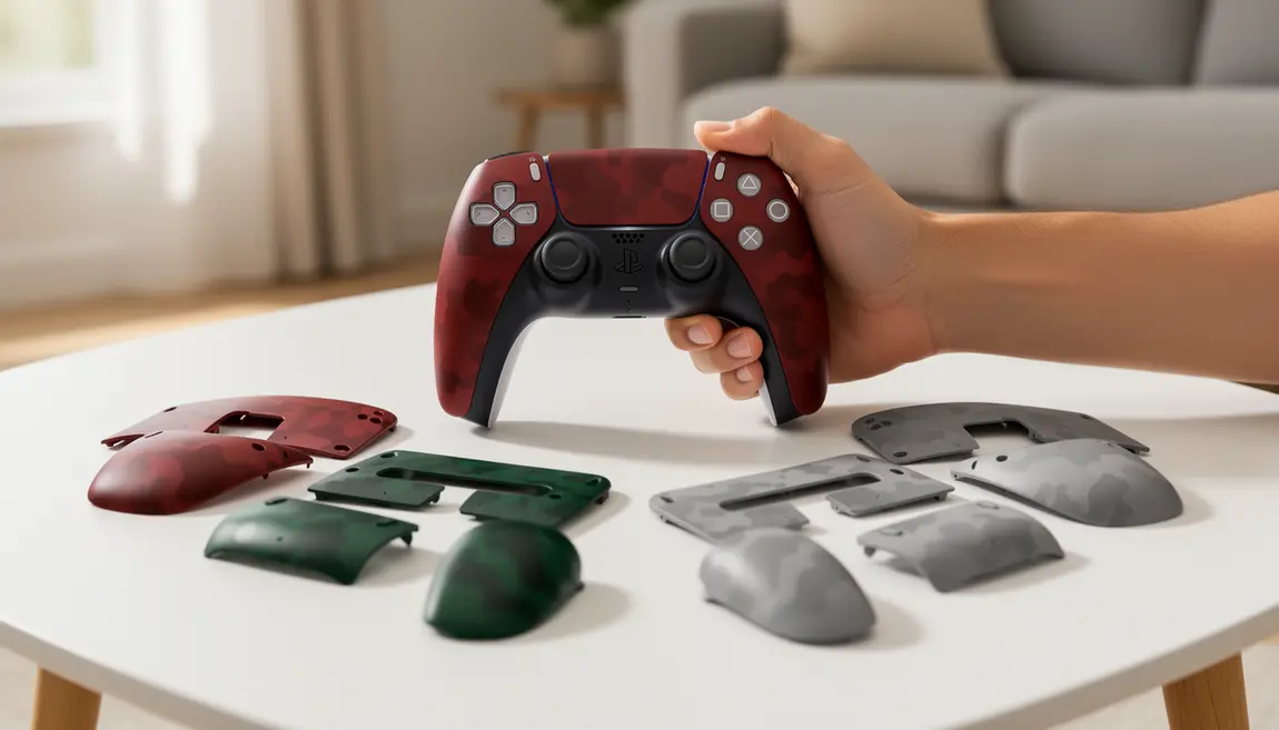 Main tenant une manette PS5 custom camo rouge vert gris