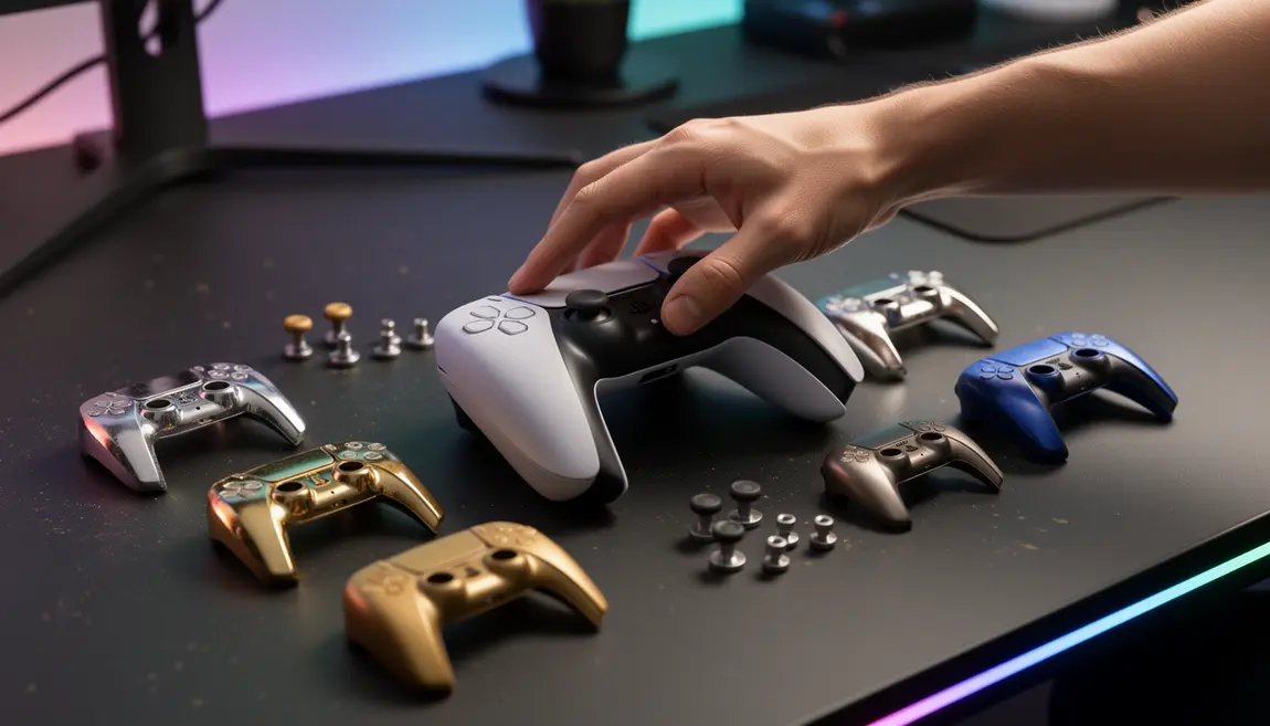 Manette PS5 custom, kit métal argent or titanium sur table gamer