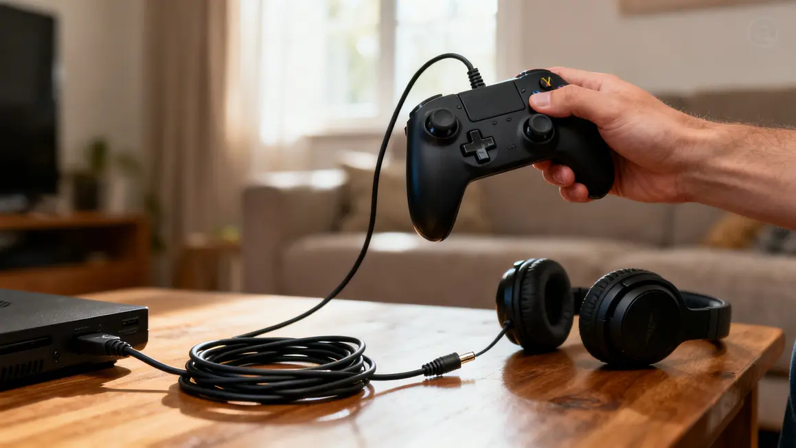 main sur attache manette filaire ps4 noire prise casque