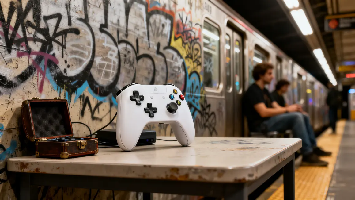 Manette PS4 street art blanche sur fond graffiti urbain
