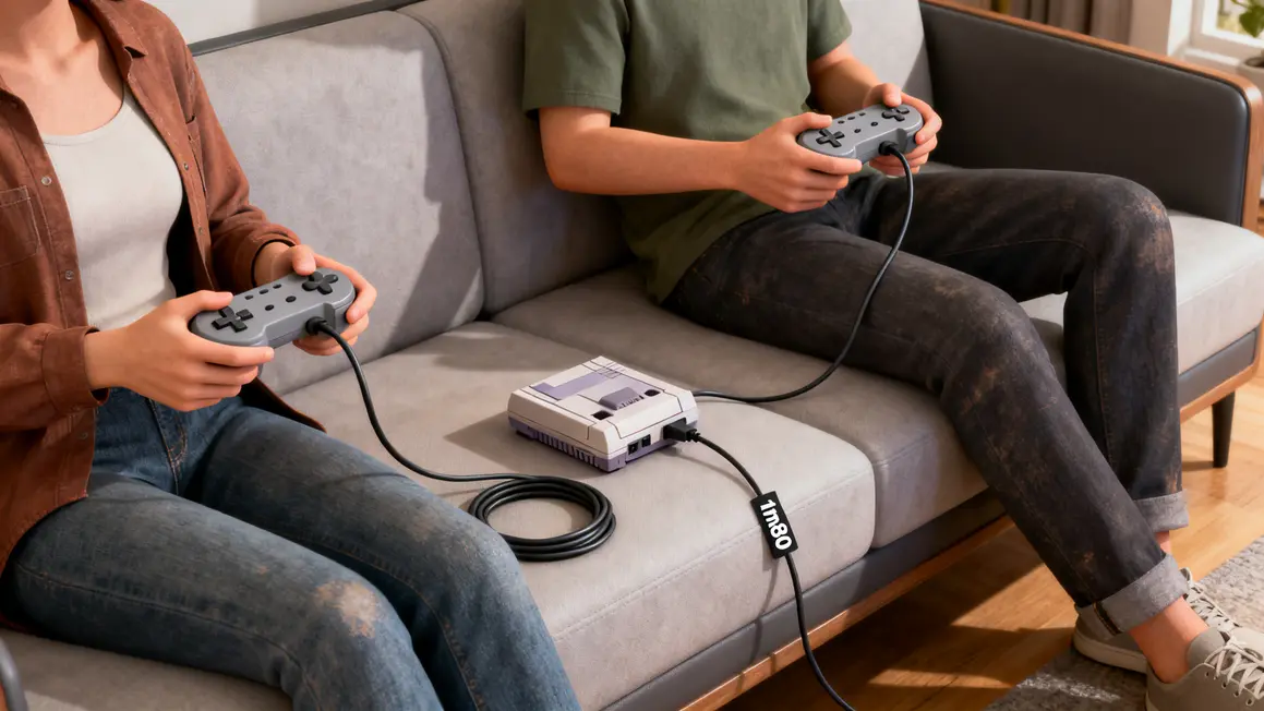deux joueurs avec manette filaire nintendo mini nes 1m80 sur canapé