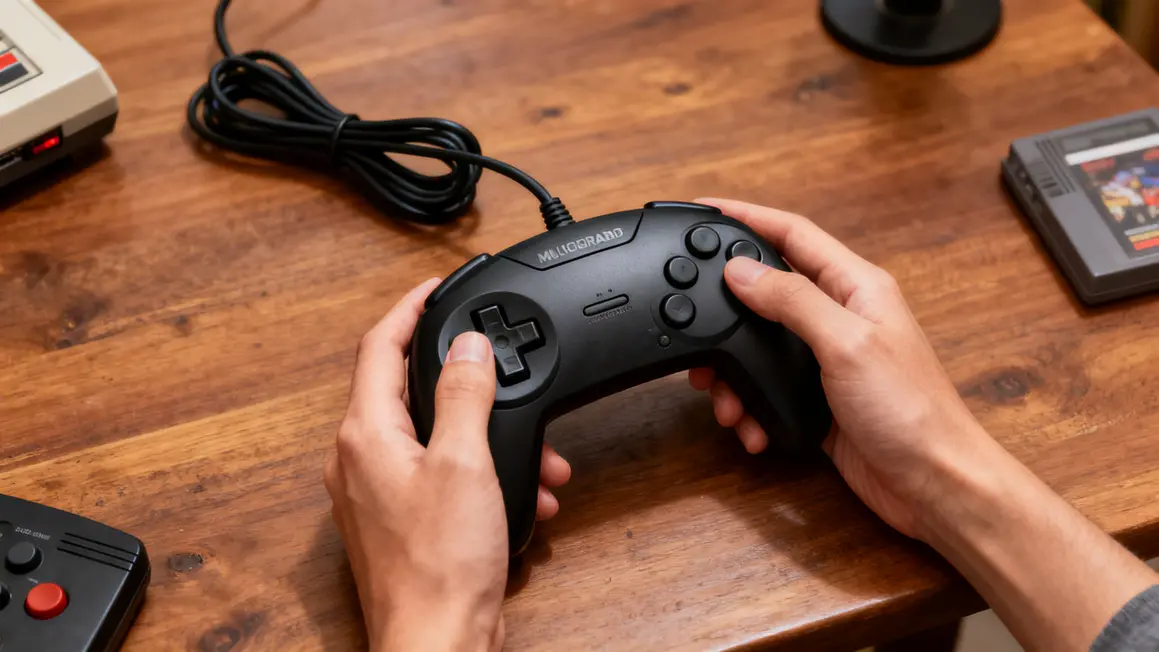 manette filaire noire Megadrive sur table bois