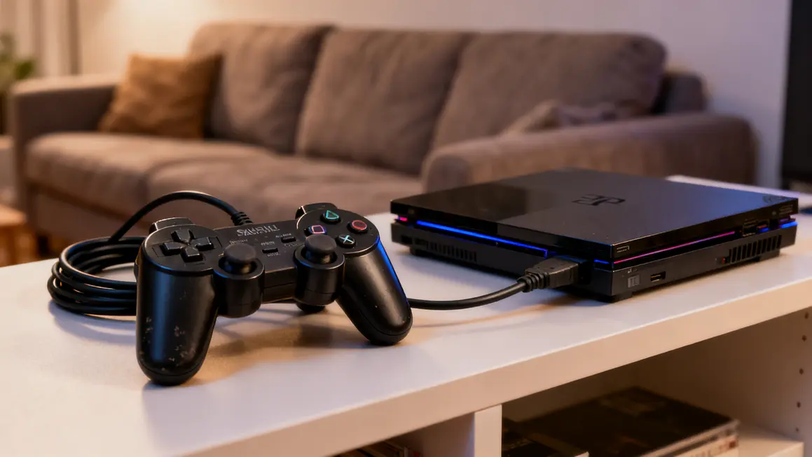 Manette filaire noire PS2 2m connectée à console sur étagère