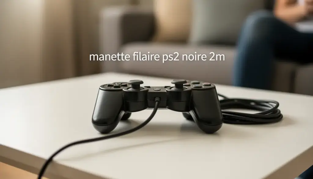 Manette filaire noire PS2 2m posée sur table