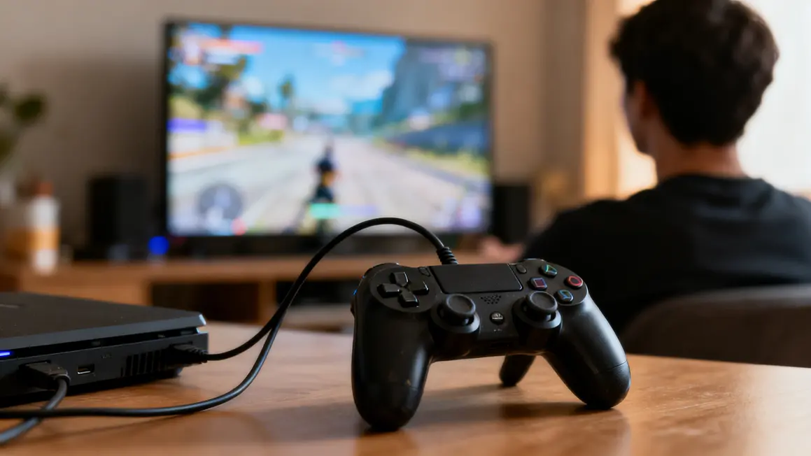 Manette filaire noire PS4 connectee sur relle partie joueur