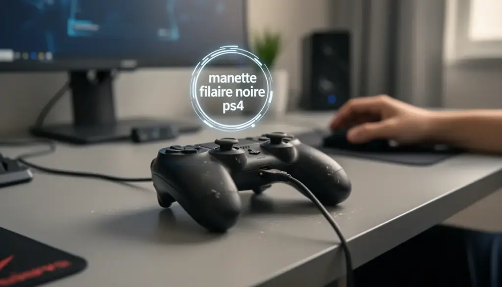 Manette filaire noire PS4 sur table moderne cable USB branche