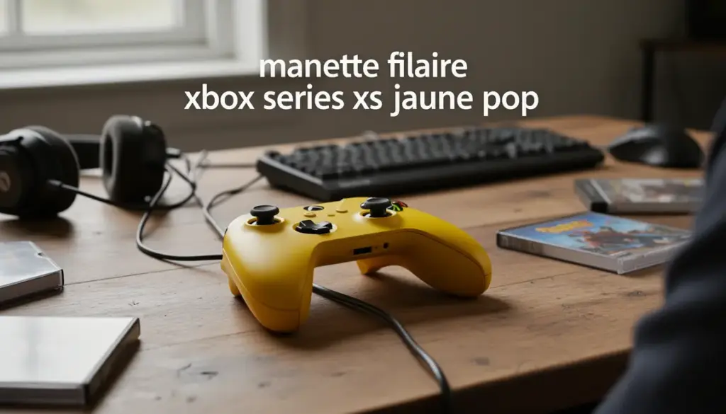 Manette filaire jaune pop Xbox Series X S sur table en bois, câble visible