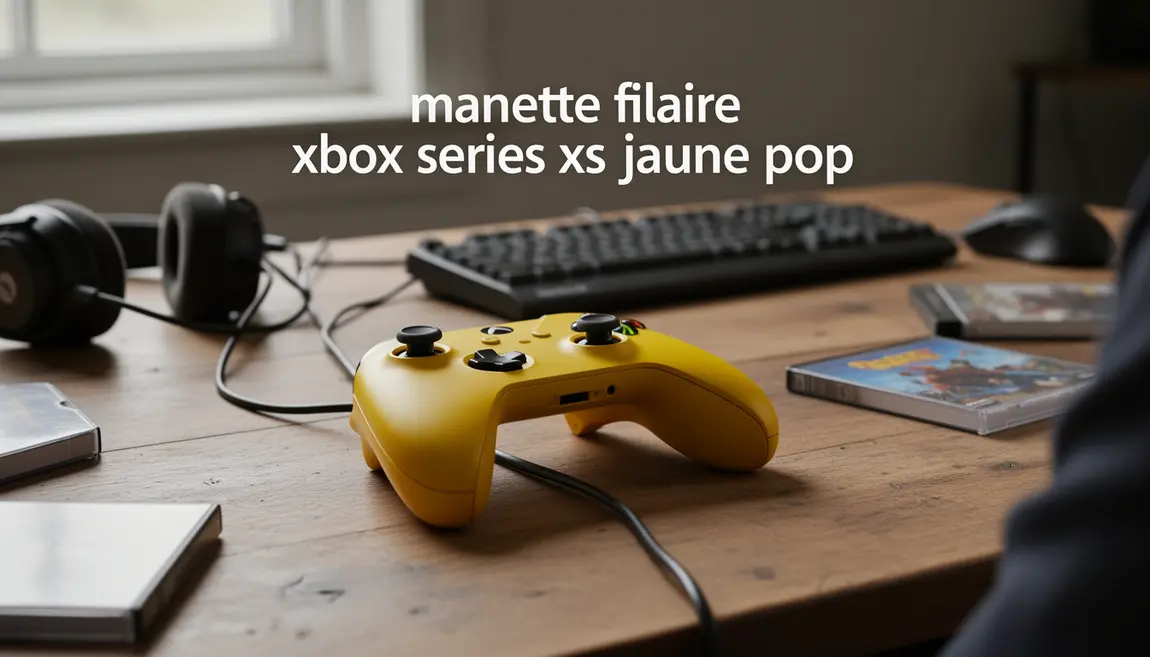 Manette filaire jaune pop Xbox Series X S sur table en bois, câble visible