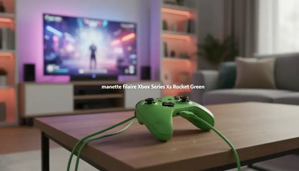 Manette filaire verte Xbox Series X S Rocket Green sur setup lumineux