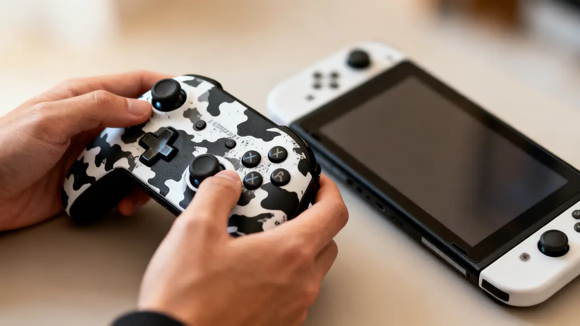 Manette iiCon blanc et noir Switch tenue en main