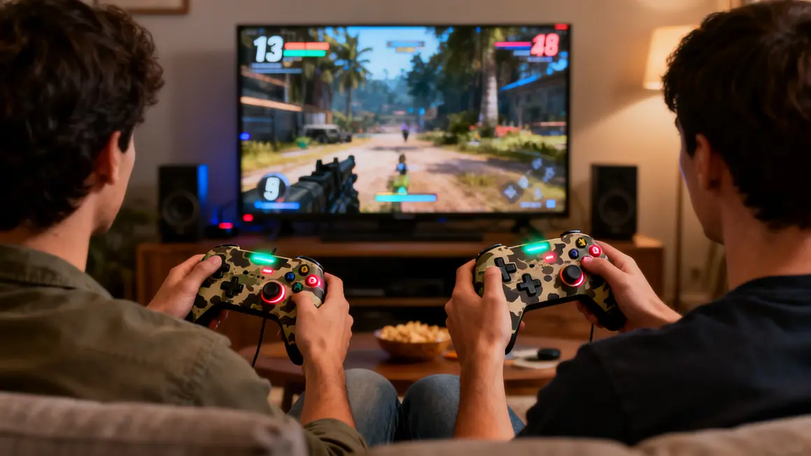 joueurs utilisent manette PS3 bluetooth camouflage devant TV