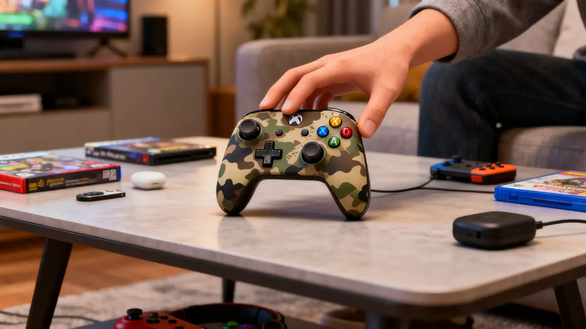 manette PS3 bluetooth camouflage sur table, ambiance salon jeux video