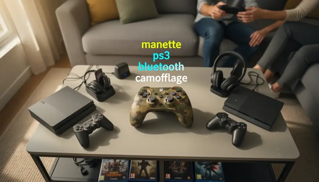 manette PS3 bluetooth camouflage au centre, accessoires gaming autour
