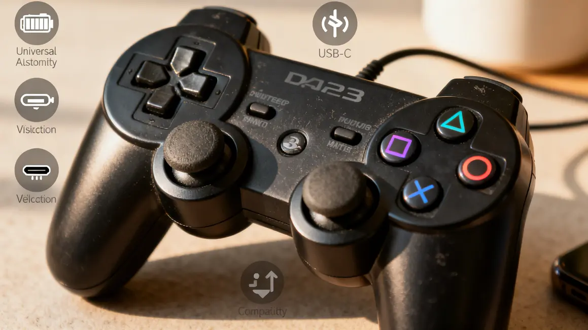 Gros plan sur manette PS3 Bluetooth noire avec icônes