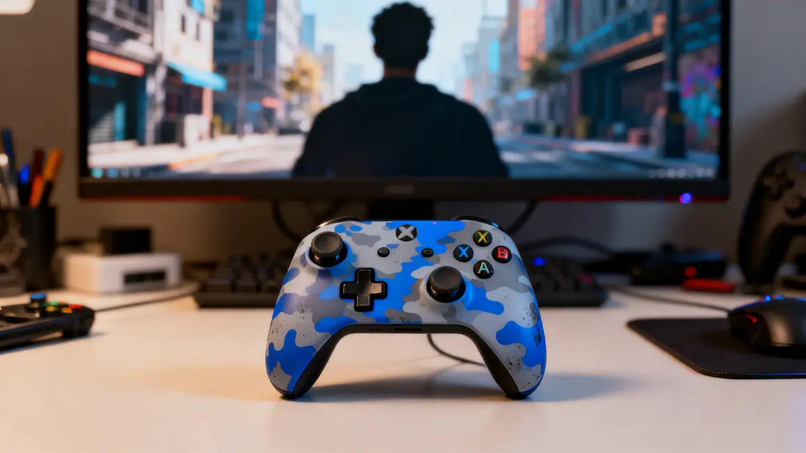 Manette PS4 Bluetooth camouflage bleu sur bureau gaming