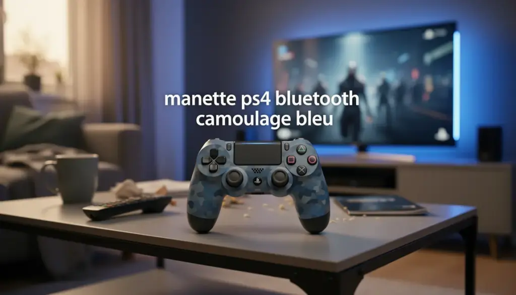 Manette PS4 Bluetooth camouflage bleu posée sur une table de salon