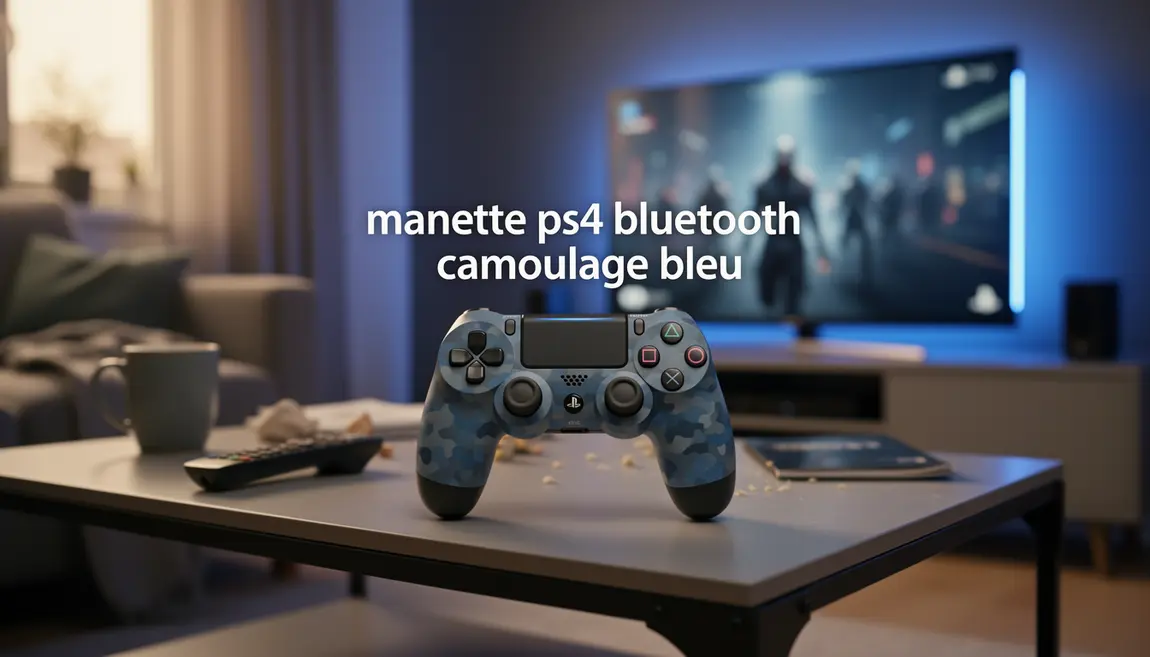 Manette PS4 Bluetooth camouflage bleu posée sur une table de salon
