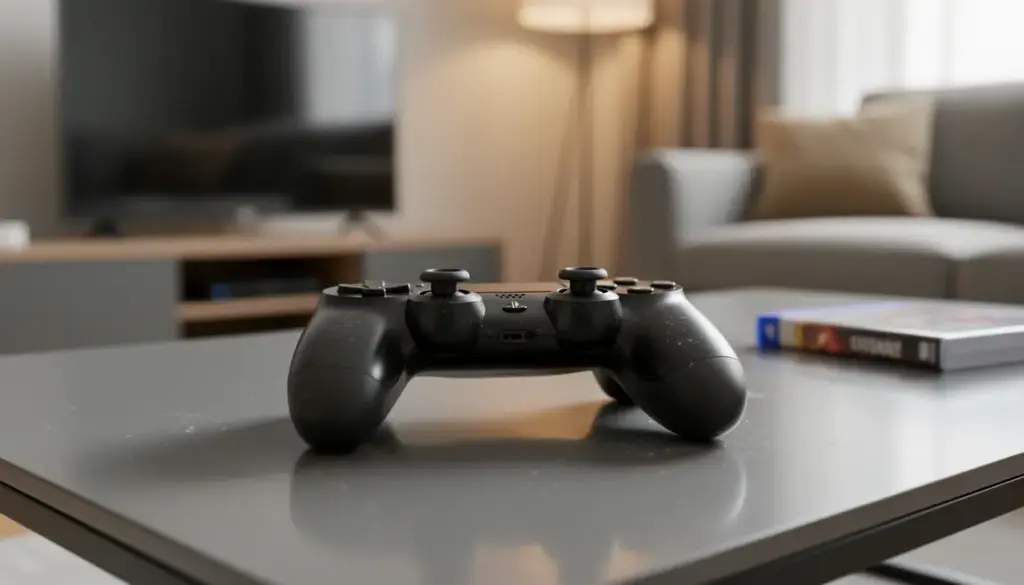 Manette PS4 Bluetooth noire sur table moderne salon
