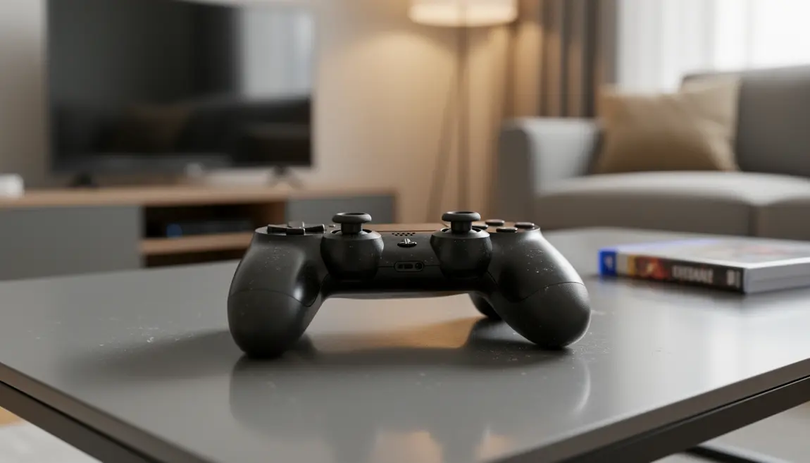 Manette PS4 Bluetooth noire sur table moderne salon